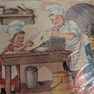 Vintage Chef Puzzle Wall Art Print - Cream & Red Kitchen Illustration